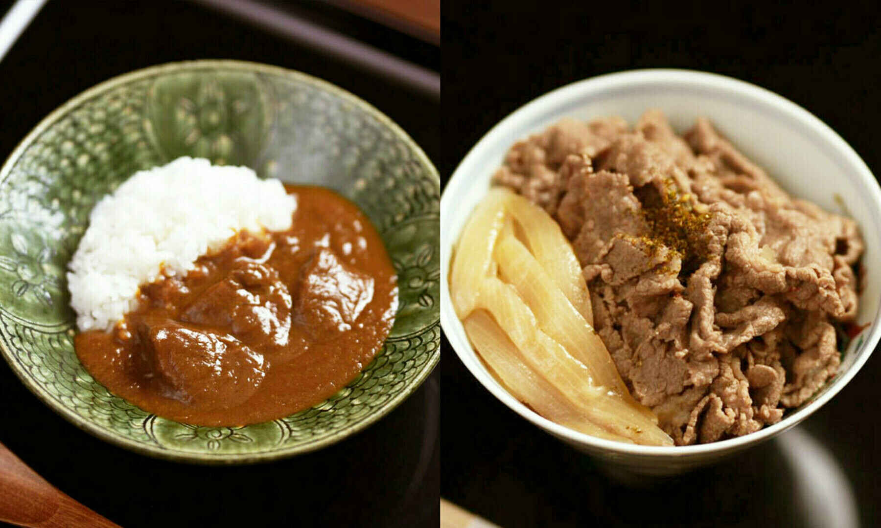 (左)晴山山椒カレー / (右)晴山牛丼　自家製七味つき
